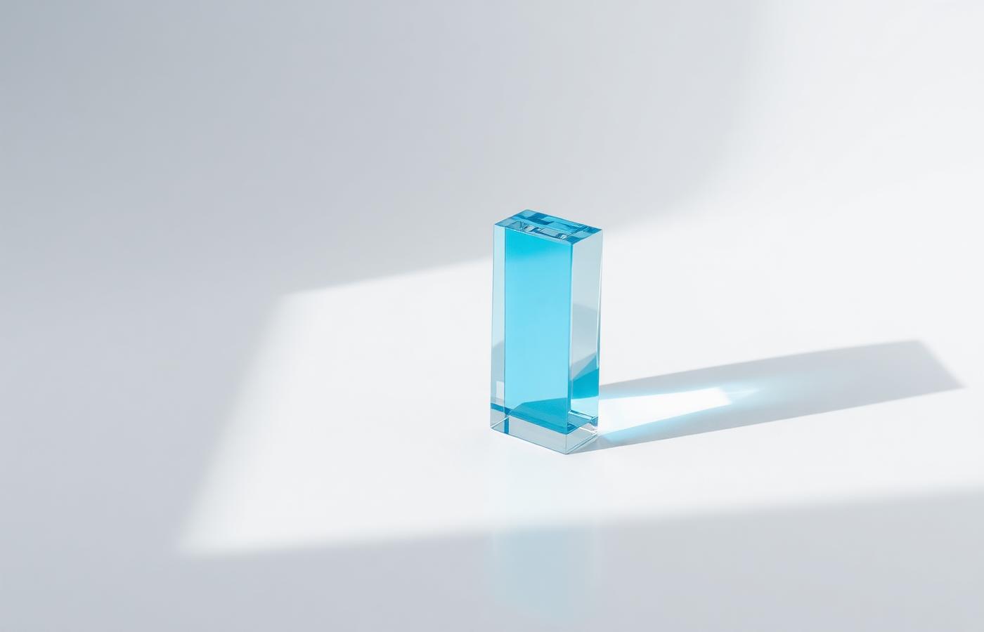 Blue glass prism refracting light on a white surface